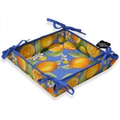 Lemons Blue Cotton Coated Bread Basket By Tissus Toselli Table Linens