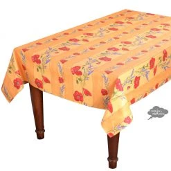 58" Square Poppies Yellow Acrylic-Coated Cotton Tablecloth By Tissus Toselli