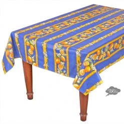 60x120" Rectangular Lemons Blue Acrylic-Coated Cotton Tablecloth By Tissus Toselli