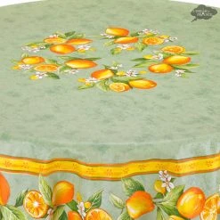 90" Round Lemons Green Acrylic-Coated Cotton Tablecloth By Tissus Toselli