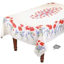 Table Linens 60x96" Rectangular Poppies Cream Acrylic Coated Cotton Tablecloth By Tissus Toselli