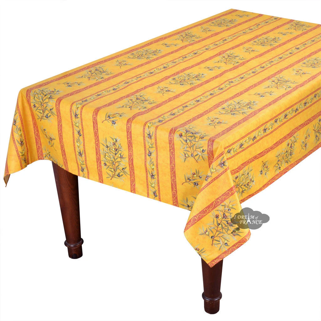 60x138" Rectangular Clos Des Oliviers Yellow Acrylic-Coated Cotton Tablecloth By L'Ensoleillade 3 60x138" Rectangular Clos Des Oliviers Yellow Acrylic-Coated Cotton Tablecloth By L'Ensoleillade