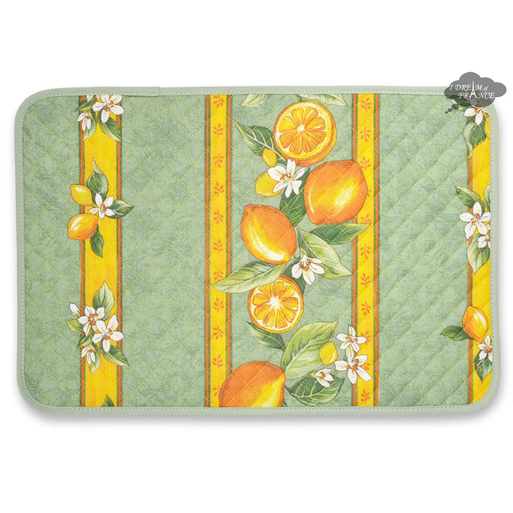 Lemons Green Acrylic-Coated Cotton Quilted Placemats By Tissus Toselli 3 Lemons Green Acrylic-Coated Cotton Quilted Placemats By Tissus Toselli