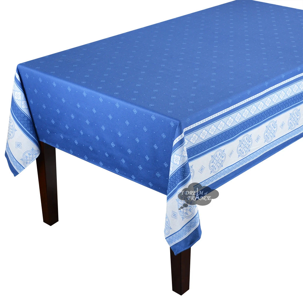 62x120" Rectangular Callas Blue Double Border French Jacquard Cotton Tablecloth By L'Ensoleillade Table Linens 3 62x120" Rectangular Callas Blue Double Border French Jacquard Cotton Tablecloth By L'Ensoleillade Table Linens