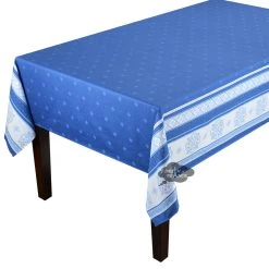 Table Linens 62x78" Rectangular Callas Blue Double Border French Jacquard Cotton Tablecloth By L'Ensoleillade