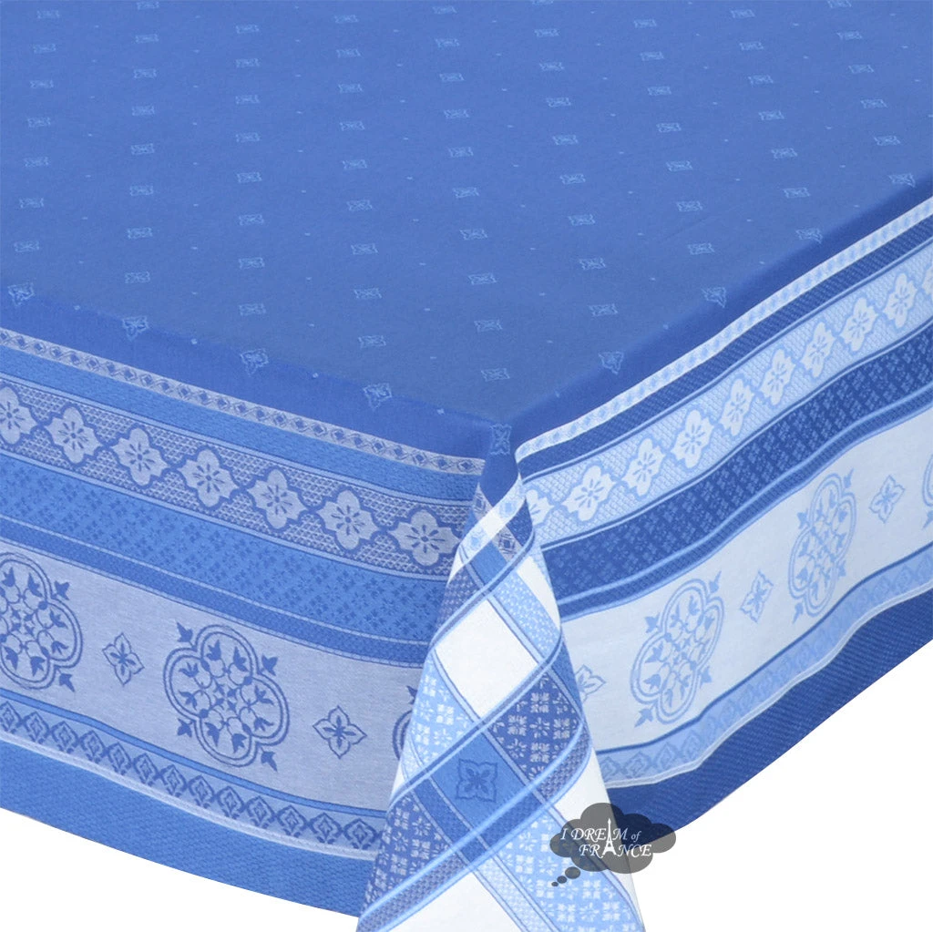 62x138" Rectangular Callas Blue French Jacquard Cotton Tablecloth By L'Ensoleillade Table Linens 4 62x138" Rectangular Callas Blue French Jacquard Cotton Tablecloth By L'Ensoleillade Table Linens