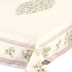60x96" Rectangular Clos Des Oliviers Cream Acrylic-Coated Cotton Tablecloth By L'Ensoleillade