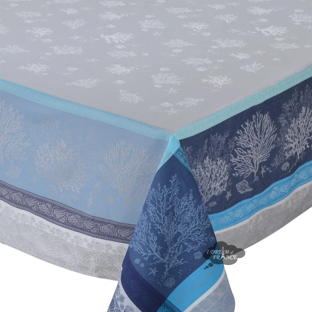 62x138" Rectangular Oceane Blue French Jacquard Tablecloth By Tissus Toselli 4 62x138" Rectangular Oceane Blue French Jacquard Tablecloth By Tissus Toselli