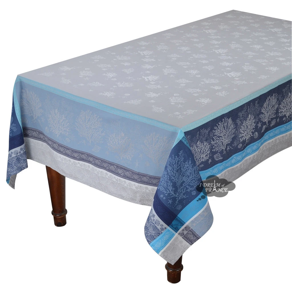 62x138" Rectangular Oceane Blue French Jacquard Tablecloth By Tissus Toselli 3 62x138" Rectangular Oceane Blue French Jacquard Tablecloth By Tissus Toselli