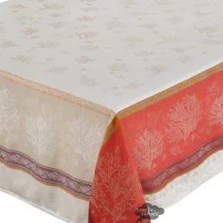 Tissus Toselli Table Linens 62x78" Rectangular Oceane Coral Red French Jacquard Cotton Tablecloth By L'Ensoleillade