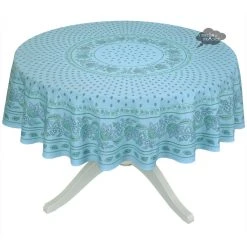 Le Cluny French Linens Table Linens 70" Round Lisa Turquoise Cotton Coated Provence Tablecloth By Le Cluny