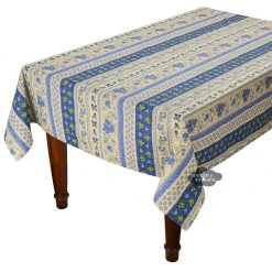 Le Cluny French Linens Table Linens 60x132" Rectangular Monaco Beige & Blue Acrylic-Coated Cotton Provence Tablecloth By Le Cluny