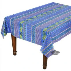 Le Cluny French Linens Table Linens 60x96" Rectangular Olives Blue Cotton Coated Provence Tablecloth By Le Cluny