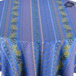 Le Cluny French Linens Table Linens 70" Round Olives Blue Striped Acrylic-Coated Cotton Provence Tablecloth By Le Cluny