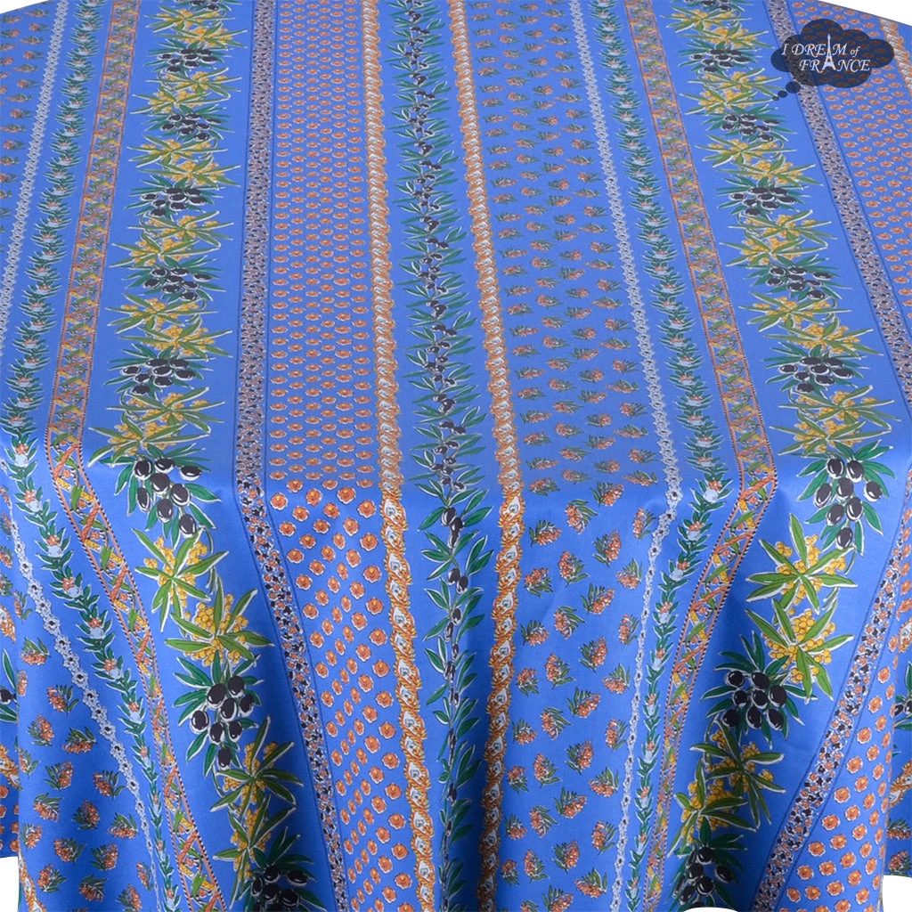 Le Cluny French Linens Table Linens 70" Round Olives Blue Striped Acrylic-Coated Cotton Provence Tablecloth By Le Cluny 4 Le Cluny French Linens Table Linens 70" Round Olives Blue Striped Acrylic-Coated Cotton Provence Tablecloth By Le Cluny