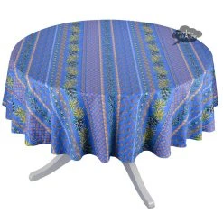 Le Cluny French Linens Table Linens 70" Round Olives Blue Striped Acrylic-Coated Cotton Provence Tablecloth By Le Cluny