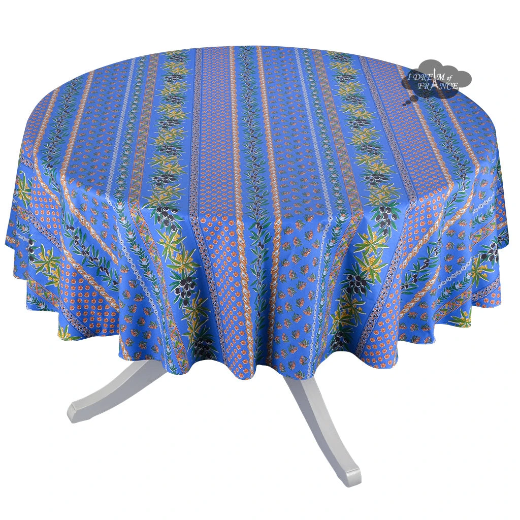 Le Cluny French Linens Table Linens 70" Round Olives Blue Striped Acrylic-Coated Cotton Provence Tablecloth By Le Cluny 3 Le Cluny French Linens Table Linens 70" Round Olives Blue Striped Acrylic-Coated Cotton Provence Tablecloth By Le Cluny