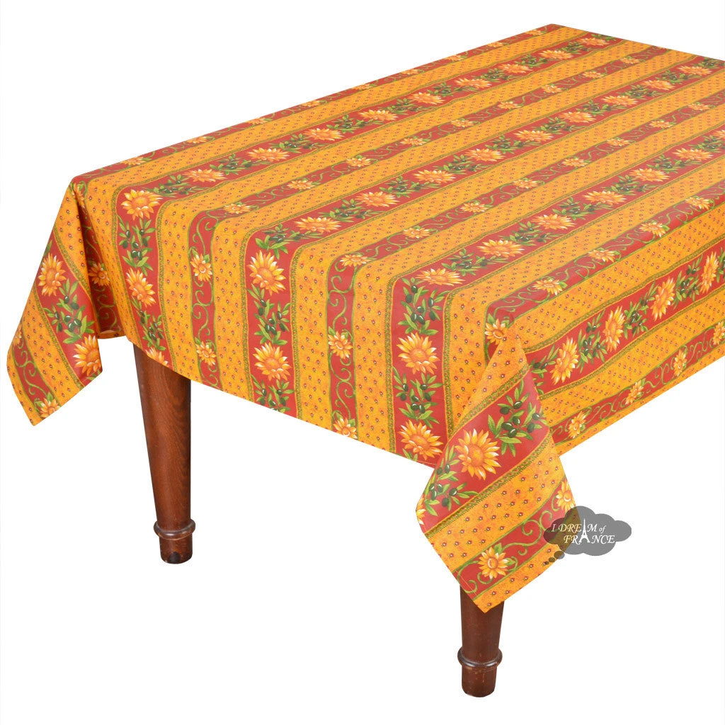 Le Cluny French Linens 60x108" Rectangular Sunflower Red Acrylic-Coated Cotton Provence Tablecloth By Le Cluny 3 Le Cluny French Linens 60x108" Rectangular Sunflower Red Acrylic-Coated Cotton Provence Tablecloth By Le Cluny