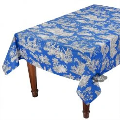 Le Cluny French Linens Table Linens 58" Square Villandry Blue Toile Acrylic-Coated Cotton Tablecloth By Le Cluny