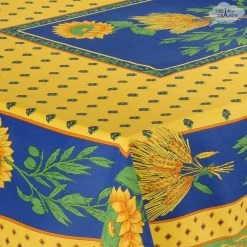 Provence Imports Table Linens Tournesol Blue/Yellow French Provencal Stain Resistant Polyester Tablecloth - 59x94"