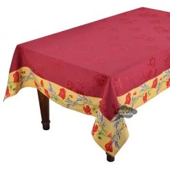 62x108" Rectangular Poppies Yellow & Red Matelassé Tablecloth By Tissus Toselli Table Linens