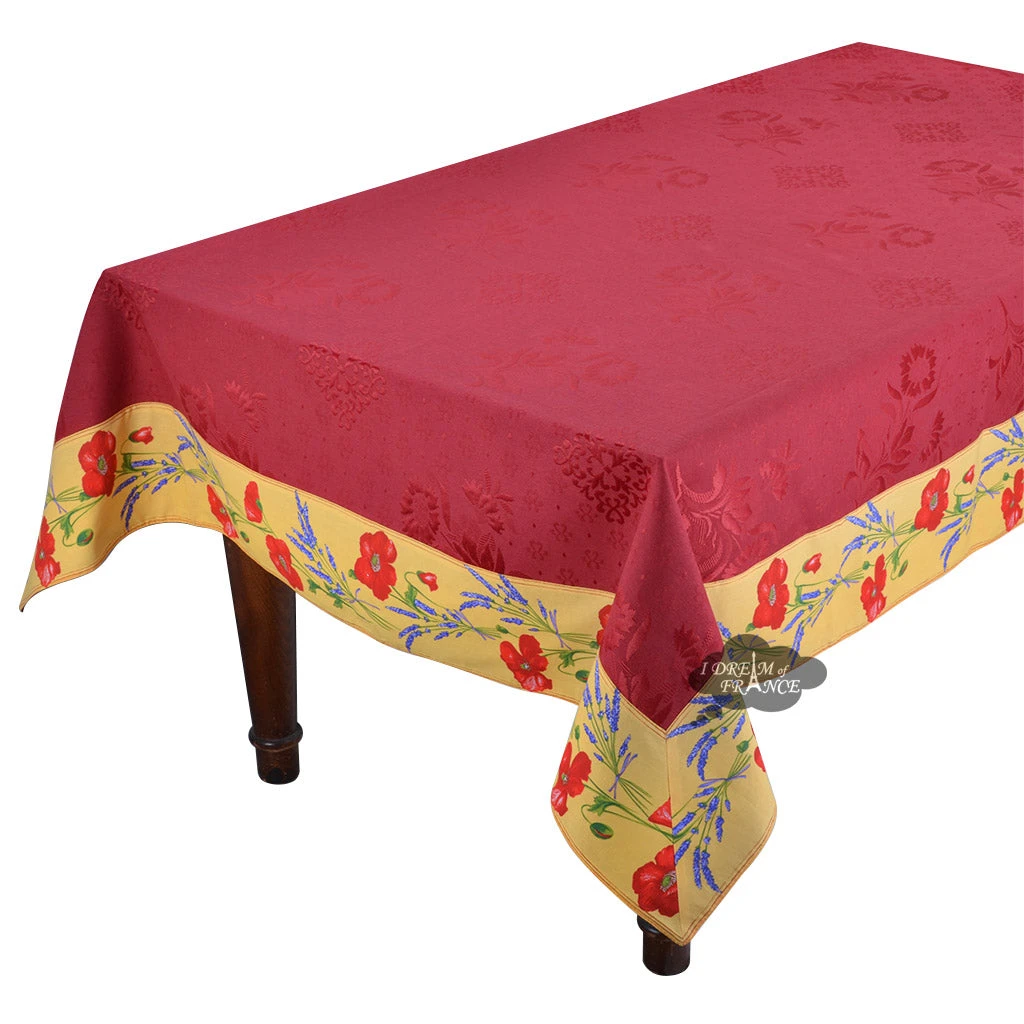 Table Linens 62x124" Rectangular Poppies Yellow & Red Matelassé Tablecloth By Tissus Toselli 3 Table Linens 62x124" Rectangular Poppies Yellow & Red Matelassé Tablecloth By Tissus Toselli
