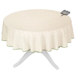 70" Round Calisson Cream & Green Allover Acrylic-Coated Cotton Tablecloth By Tissus Toselli