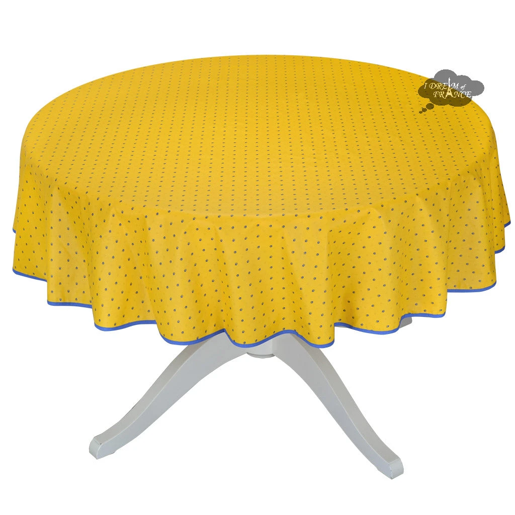 58" Round Calisson Yellow & Blue Allover Acrylic-Coated Cotton Tablecloth By Tissus Toselli 3 58" Round Calisson Yellow & Blue Allover Acrylic-Coated Cotton Tablecloth By Tissus Toselli
