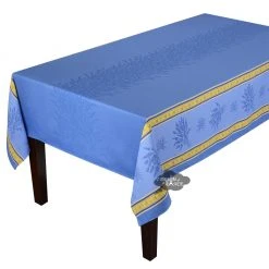 Table Linens 62x98" Rectangular Senanque Blue Double Border French Jacquard Tablecloth By L'Ensoleillade
