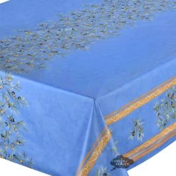 Table Linens 60x120" Rectangular Clos Des Oliviers Blue Acrylic-Coated Double Border Cotton Tablecloth By L'Ensoleillade