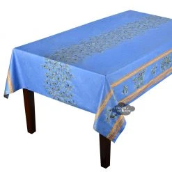 Table Linens 60x120" Rectangular Clos Des Oliviers Blue Acrylic-Coated Double Border Cotton Tablecloth By L'Ensoleillade