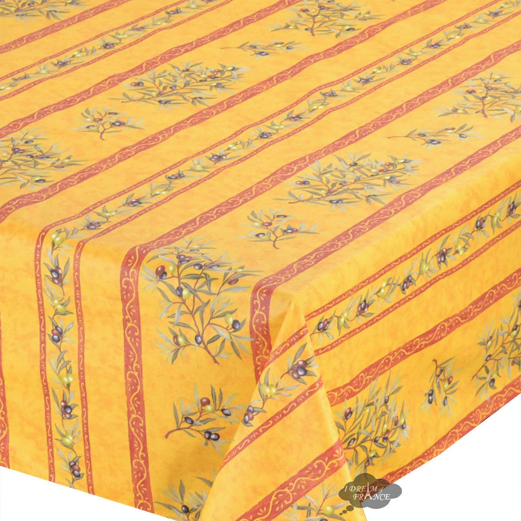 60x138" Rectangular Clos Des Oliviers Yellow Acrylic-Coated Cotton Tablecloth By L'Ensoleillade 4 60x138" Rectangular Clos Des Oliviers Yellow Acrylic-Coated Cotton Tablecloth By L'Ensoleillade