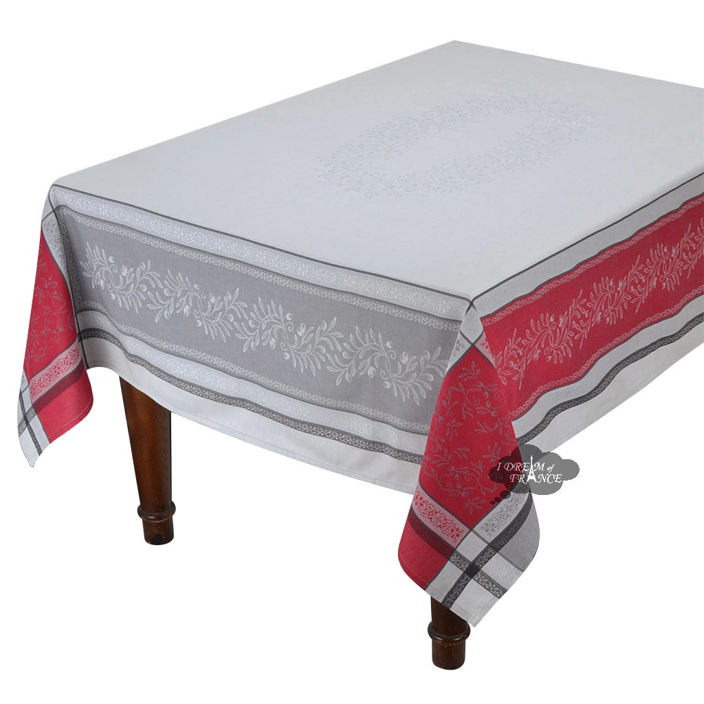 Table Linens 62x78" Rectangular Olivia Gray & Red French Jacquard Tablecloth By Tissus Toselli 3 Table Linens 62x78" Rectangular Olivia Gray & Red French Jacquard Tablecloth By Tissus Toselli