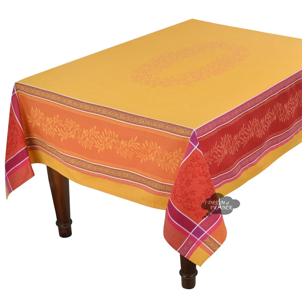 Table Linens 62x138" Rectangular Olivia Yellow & Red Jacquard Tablecloth By Tissus Toselli 3 Table Linens 62x138" Rectangular Olivia Yellow & Red Jacquard Tablecloth By Tissus Toselli