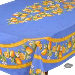 60x 96" Rectangular Lemons Blue Acrylic-Coated Cotton Tablecloth By Tissus Toselli Table Linens