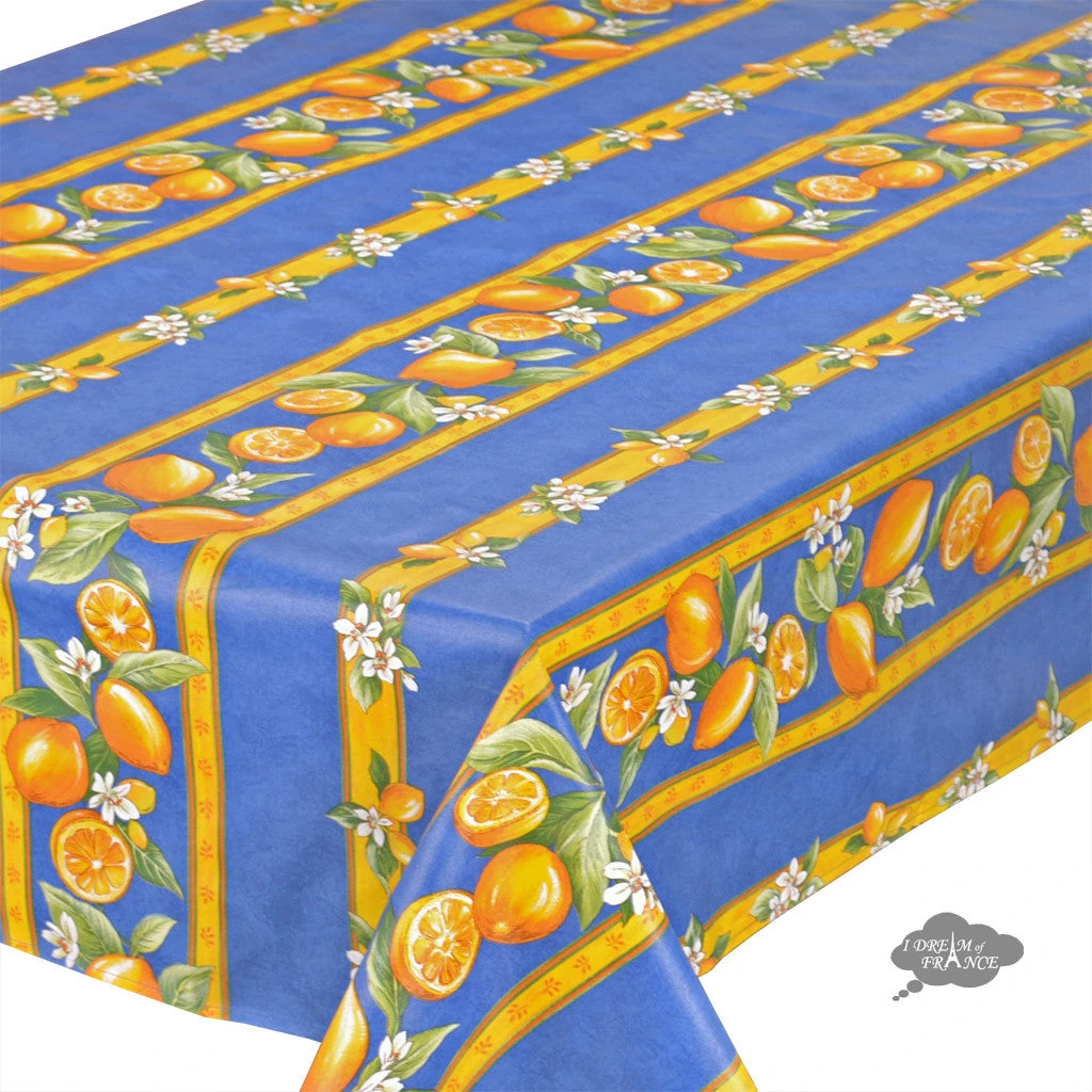 60x120" Rectangular Lemons Blue Acrylic-Coated Cotton Tablecloth By Tissus Toselli 4 60x120" Rectangular Lemons Blue Acrylic-Coated Cotton Tablecloth By Tissus Toselli