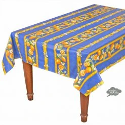 60x 96" Striped Rectangular Lemons Blue Acrylic-Coated Cotton Tablecloth By Tissus Toselli Table Linens