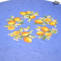 70" Round Lemons Blue Tablecloth By Tissus Toselli Table Linens