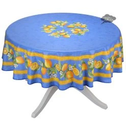 90" Round Lemons Blue Acrylic-Coated Cotton Tablecloth By Tissus Toselli