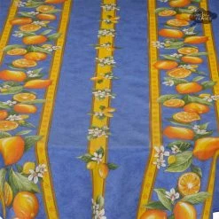 58" Round Lemons Blue Tablecloth By Tissus Toselli