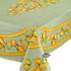 60x 96" Rectangular Lemons Green Acrylic-Coated Cotton Tablecloth By Tissus Toselli Table Linens