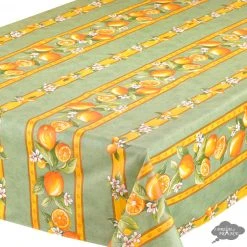 58" Square Lemons Green Acrylic-Coated Cotton Tablecloth By Tissus Toselli Table Linens