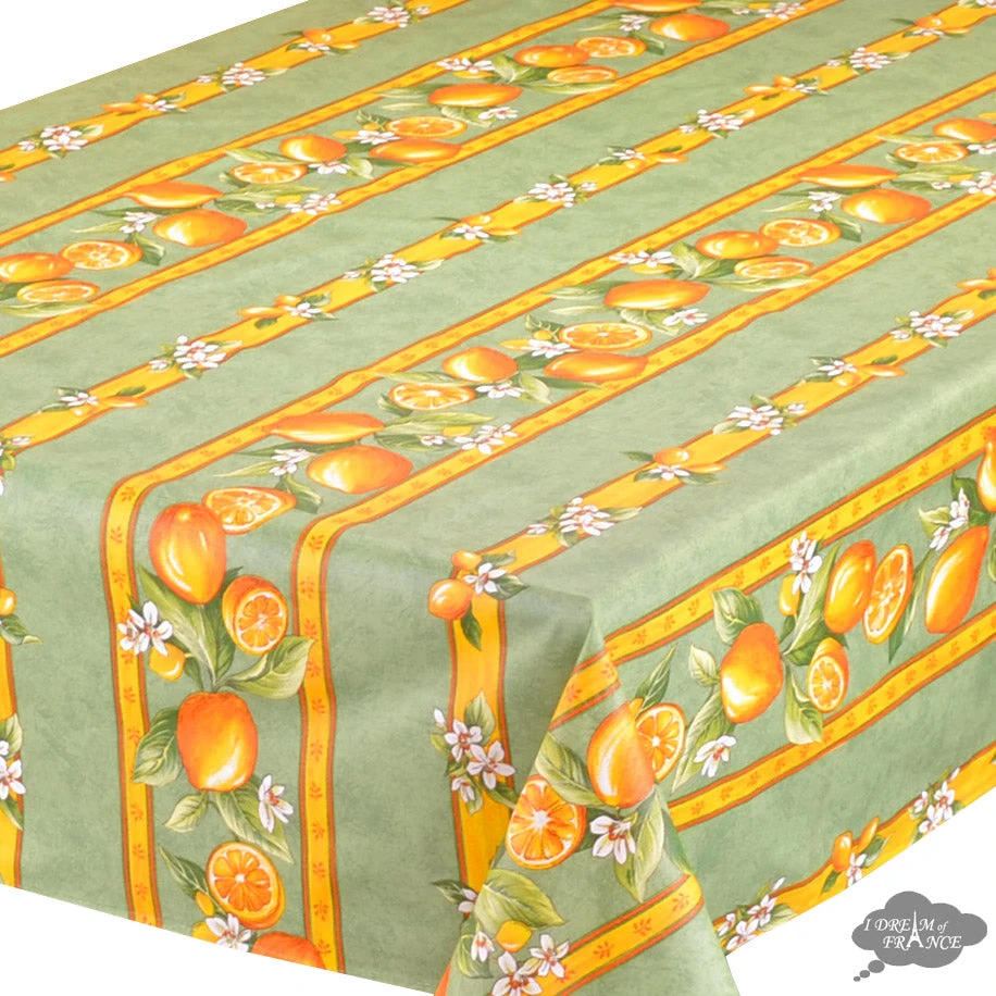 60x138" Rectangular Lemons Green Acrylic-Coated Cotton Tablecloth By Tissus Toselli Table Linens 4 60x138" Rectangular Lemons Green Acrylic-Coated Cotton Tablecloth By Tissus Toselli Table Linens