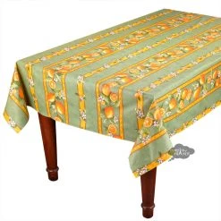 60x138" Rectangular Lemons Green Acrylic-Coated Cotton Tablecloth By Tissus Toselli Table Linens