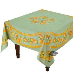 70" Square Lemons Green Acrylic-Coated Cotton Tablecloth By Tissus Toselli Table Linens