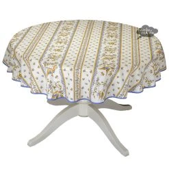58" Round Moustiers Blue & Cream Acrylic-Coated Cotton Tablecloth By Tissus Toselli Table Linens