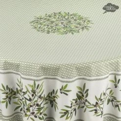 70" Round Nyons Green Acrylic-Coated Cotton Tablecloth By Tissus Toselli Table Linens