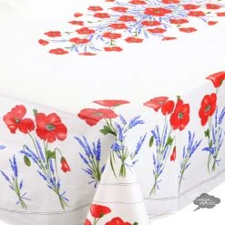 Table Linens 60x96" Rectangular Poppies Cream Acrylic Coated Cotton Tablecloth By Tissus Toselli