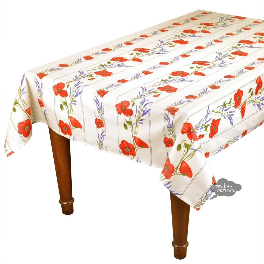 Table Linens 60x96" Striped Rectangular Poppies Cream Acrylic Coated Cotton Tablecloth By Tissus Toselli 3 Table Linens 60x96" Striped Rectangular Poppies Cream Acrylic Coated Cotton Tablecloth By Tissus Toselli