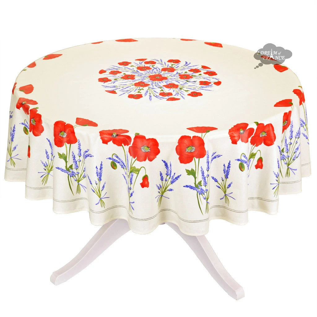 70" Round Poppies Cream Acrylic-Coated Cotton Tablecloth By Tissus Toselli Table Linens 3 70" Round Poppies Cream Acrylic-Coated Cotton Tablecloth By Tissus Toselli Table Linens